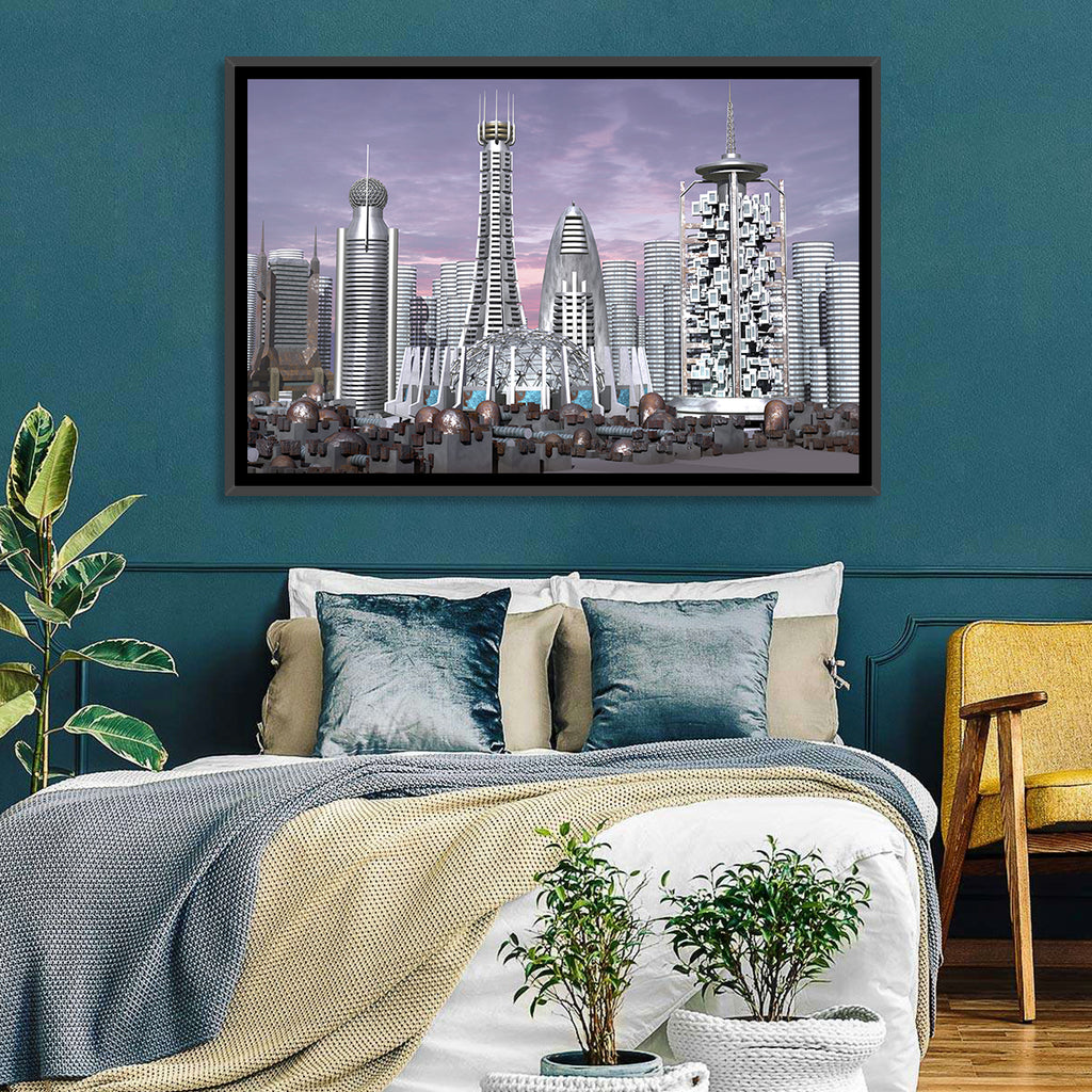 Purple Dusk Futuristic Cityscape Wall Art
