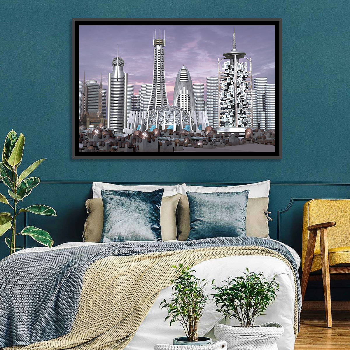 Purple Dusk Futuristic Cityscape Wall Art