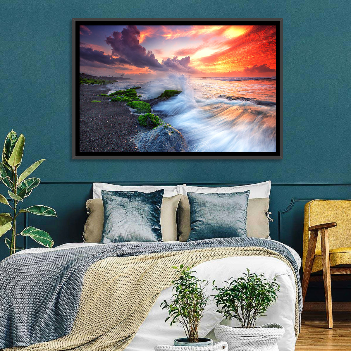 Ocean Waves Under Burning Sky Wall Art in a room, landscape
