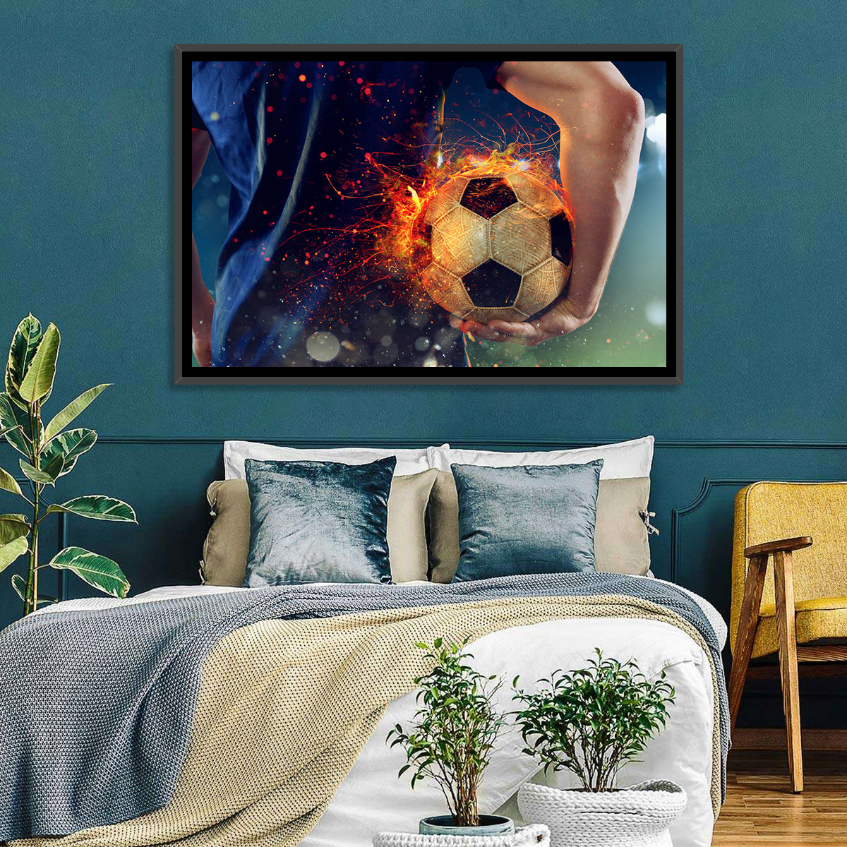 Fiery Soccer Ball and Blue Jersey Player Wall Art in a room, landscape