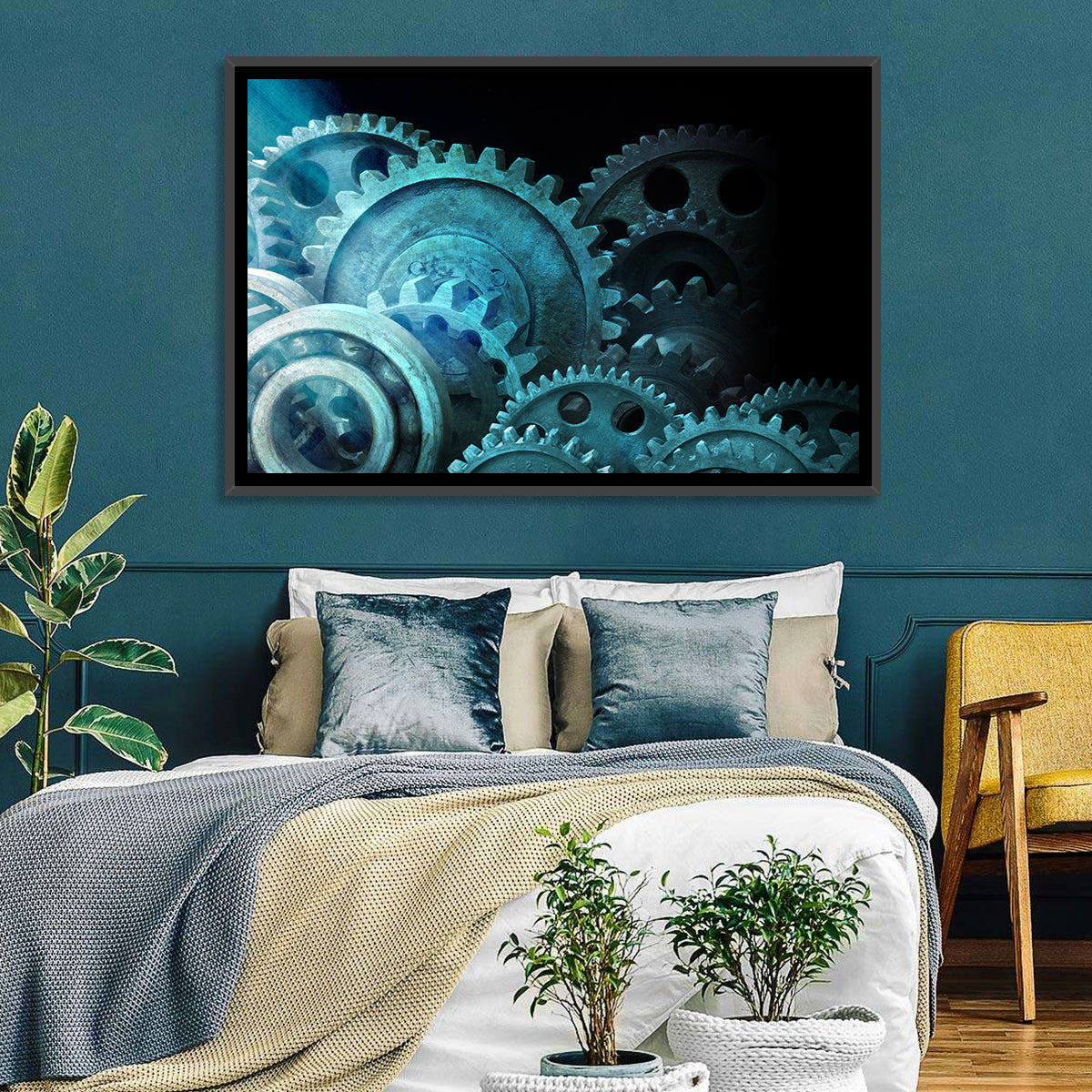 Teal and Steel Cogwheel Close-up Wall Art in a room, landscape