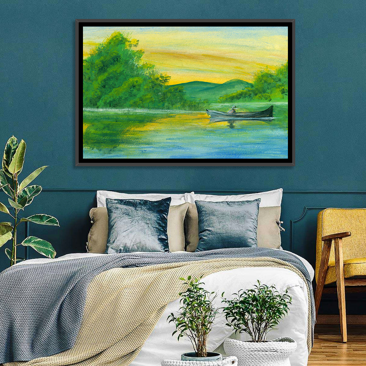 Rowboat on Serene Lake Watercolor Wall Art