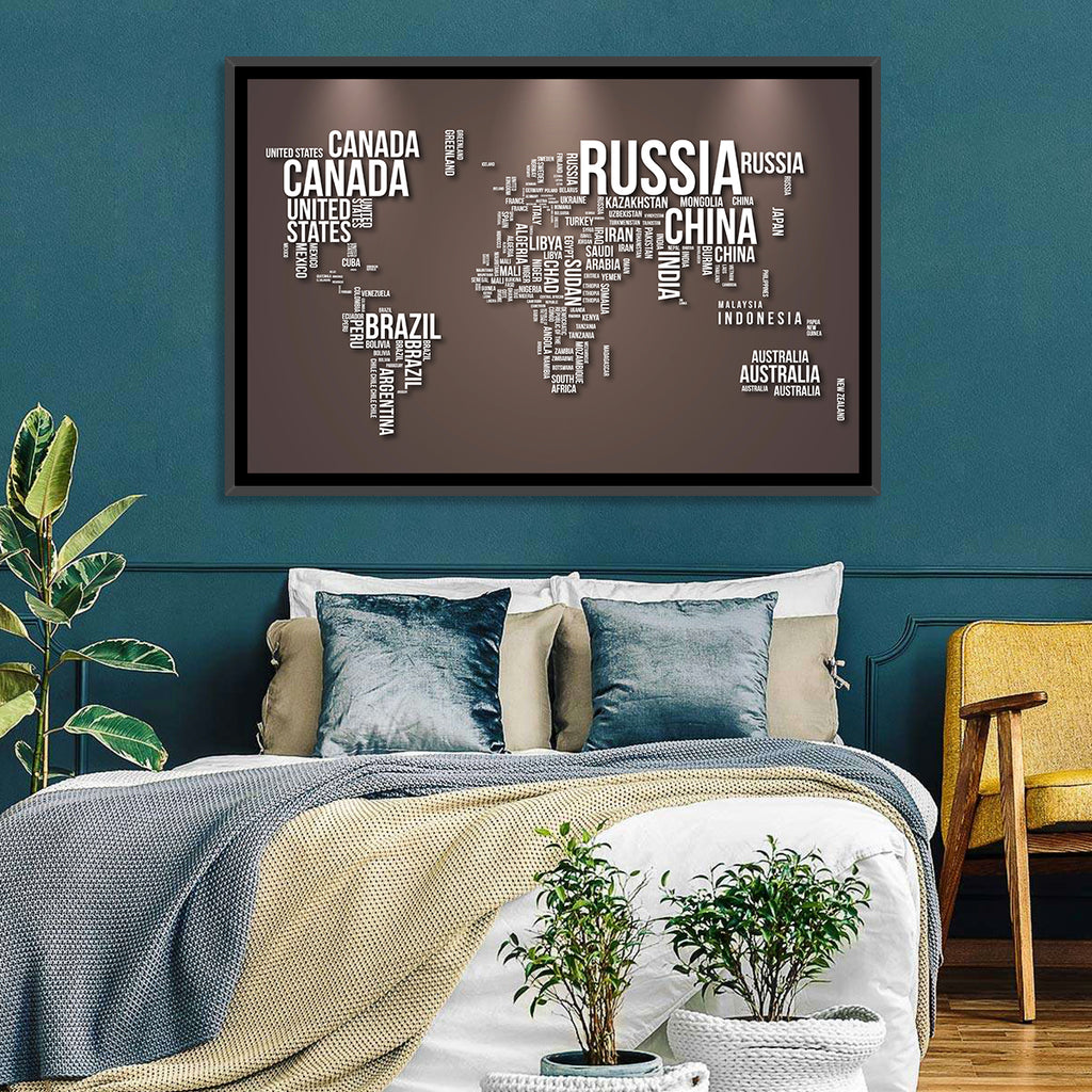 World Map Typography in Brown and White Wall Art