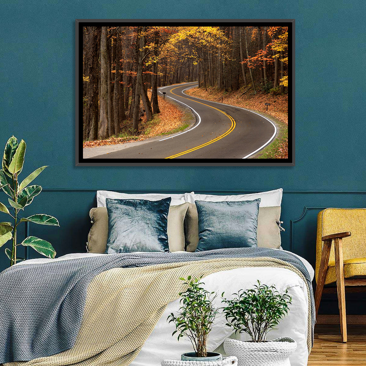 S-curve Road Through Autumn Forest Wall Art in a room, landscape