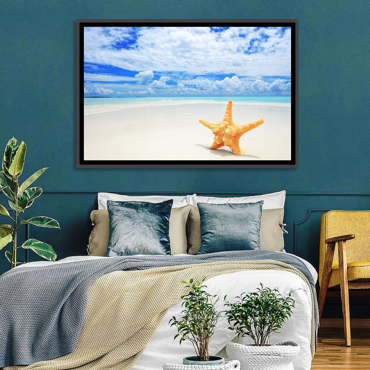 Minimalist Yellow Starfish on Turquoise Shore Wall Art