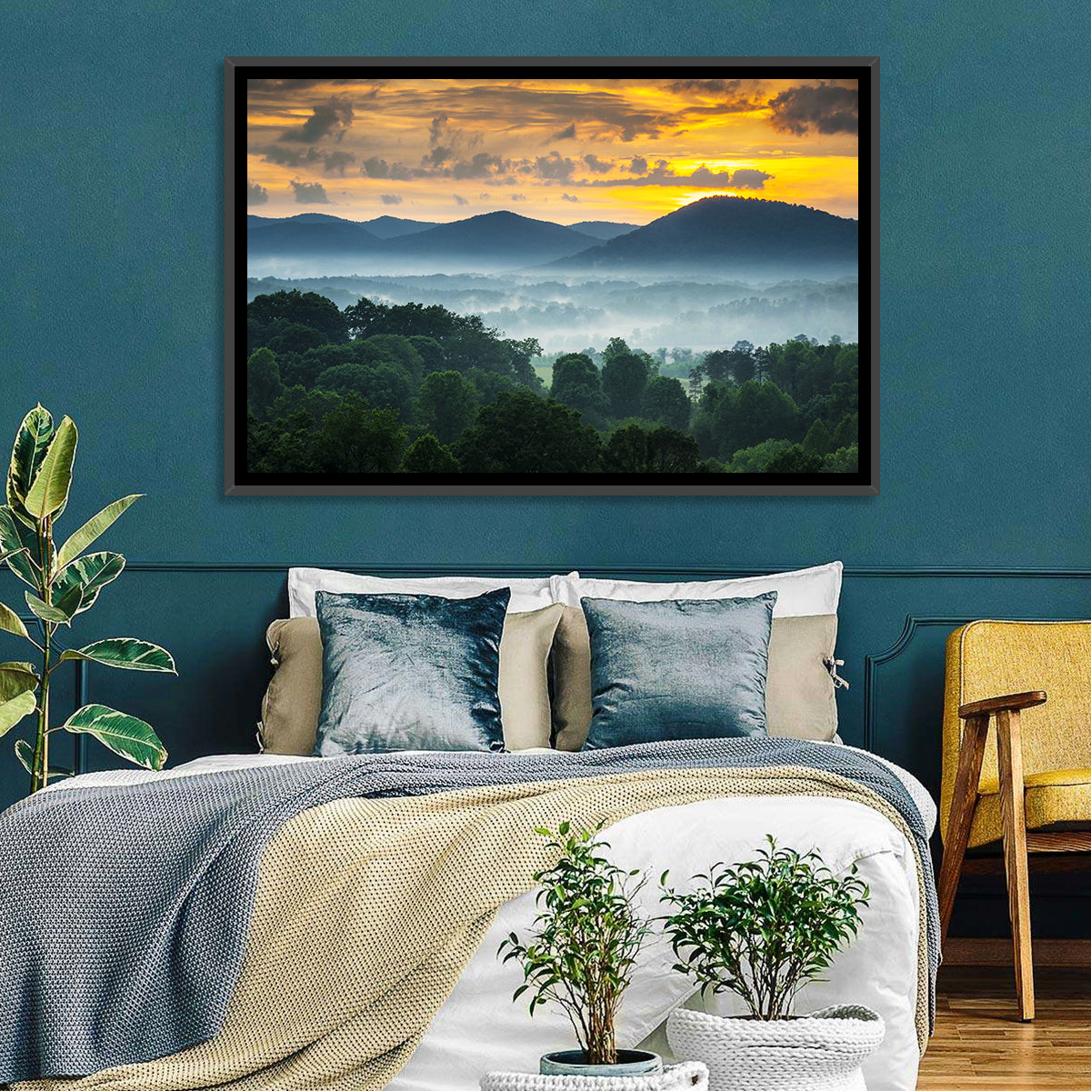 Blue Ridge Mountains Asheville Sunset Wall Art in a room, landscape