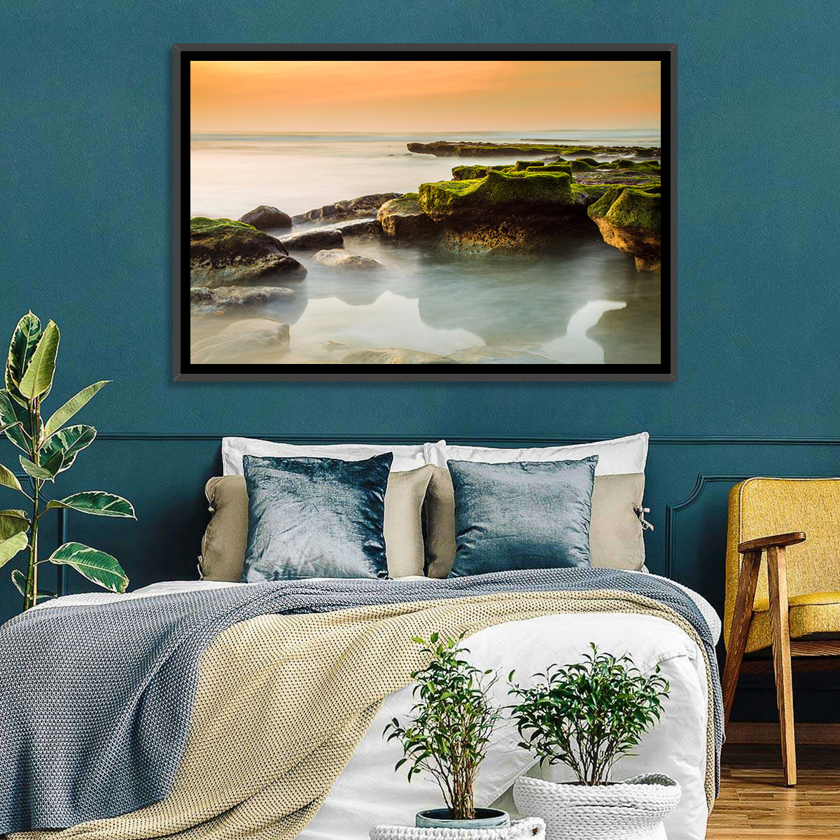 Mossy Rocky Coastline at Golden Hour Wall Art