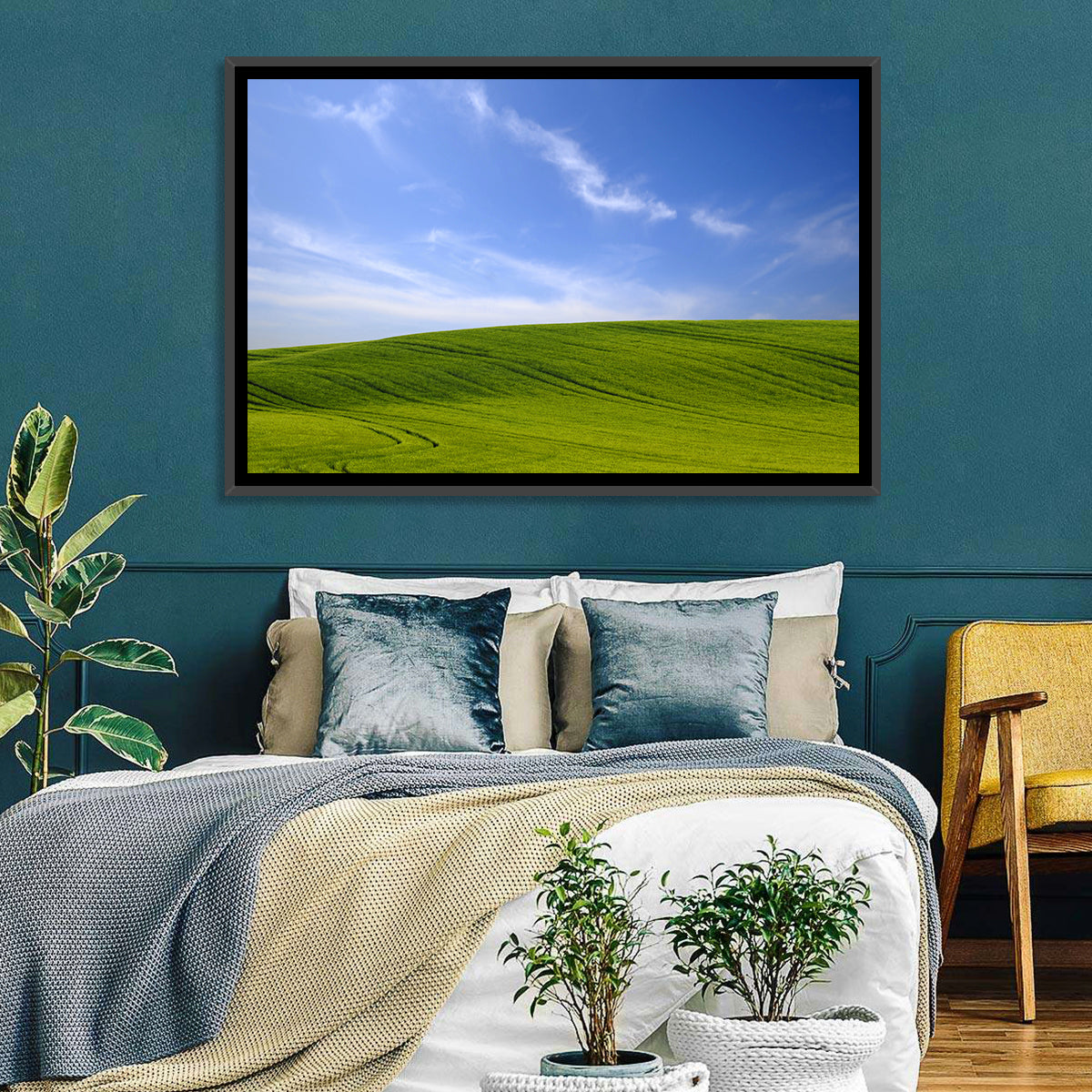 Rolling Green Hill with Blue Sky Wall Art in a room, landscape