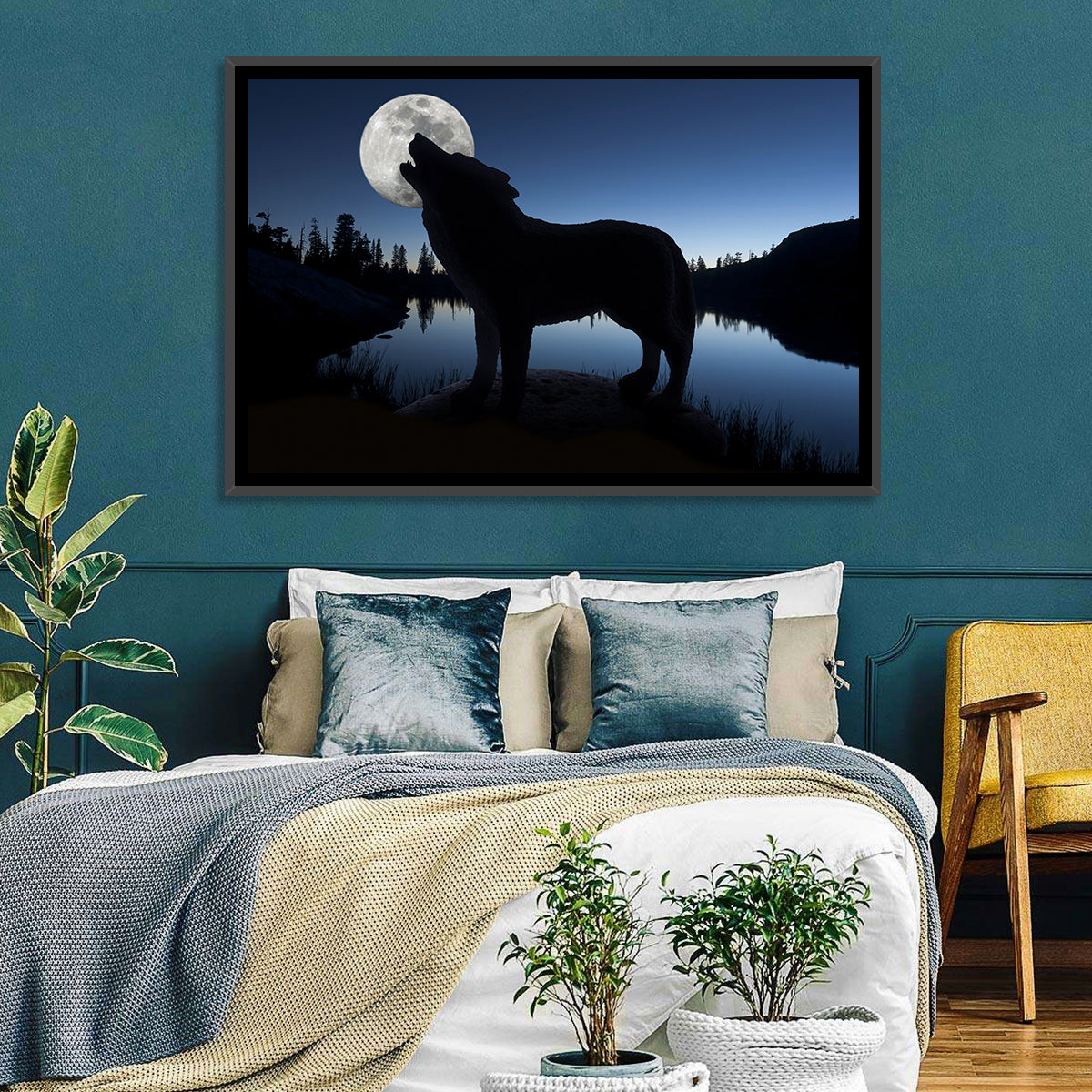 Howling Wolf at Full Moon Wall Art in a room, landscape