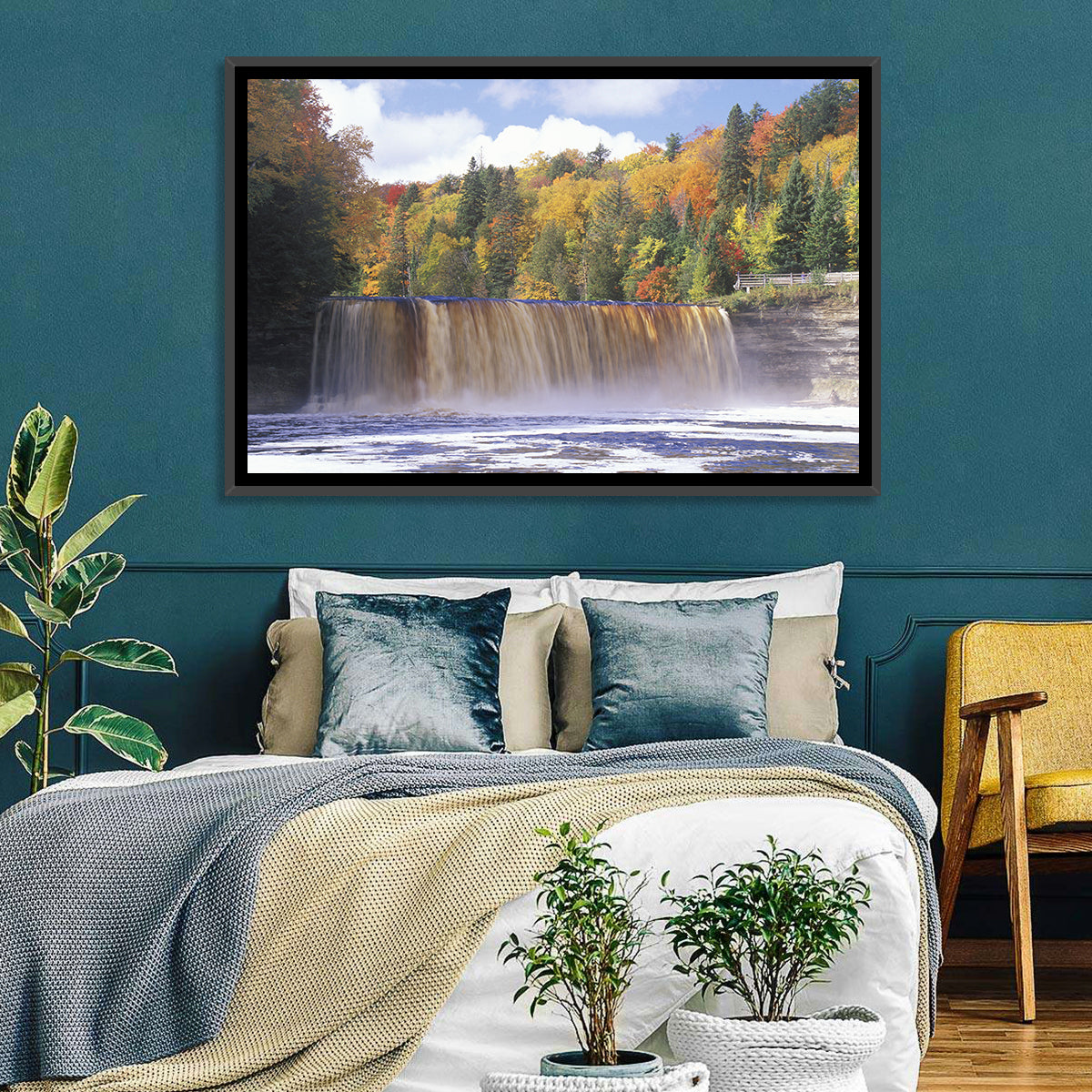 Tahquamenon Falls Autumn Waterfall Wall Art in a room, landscape