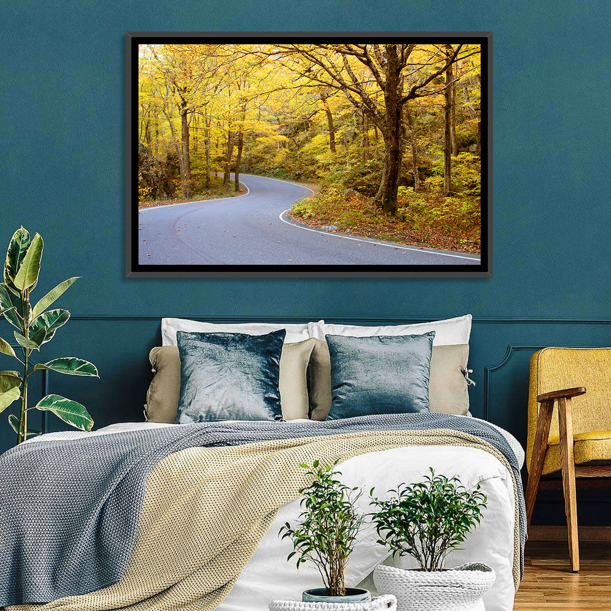 Winding Road Through Autumn Foliage Wall Art in a room, landscape