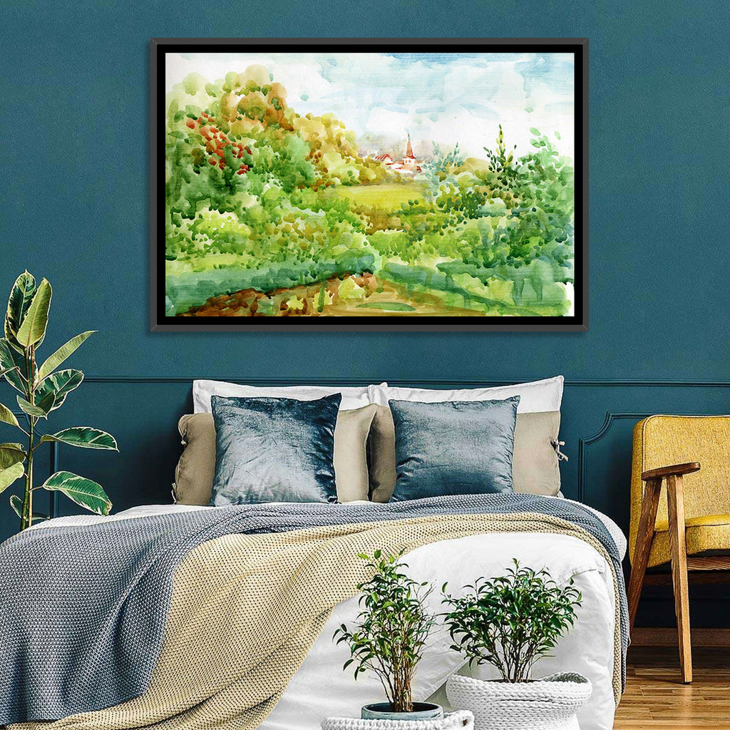 Red Steeple Village Watercolor Wall Art