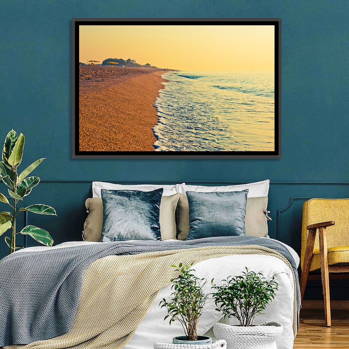 Tranquil Beach Sunrise Wall Art in a room, landscape