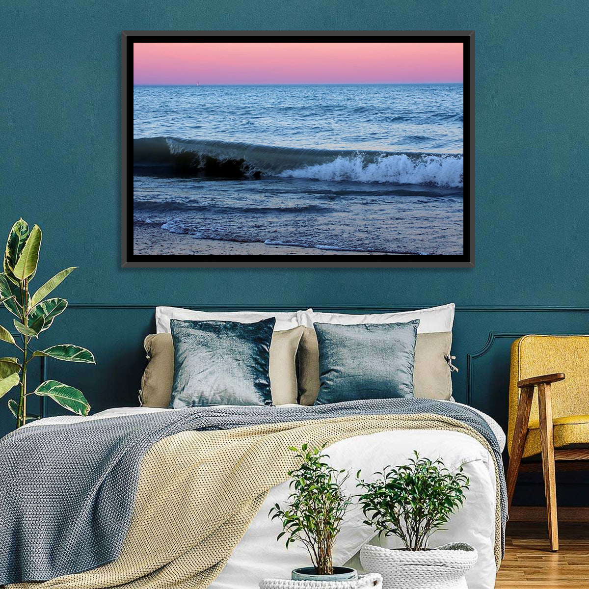 Lake Michigan Sunset with Sailboat Wall Art in a room, landscape