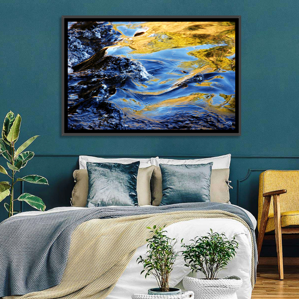 Flowing Stream with Golden Reflections Wall Art in a room, landscape