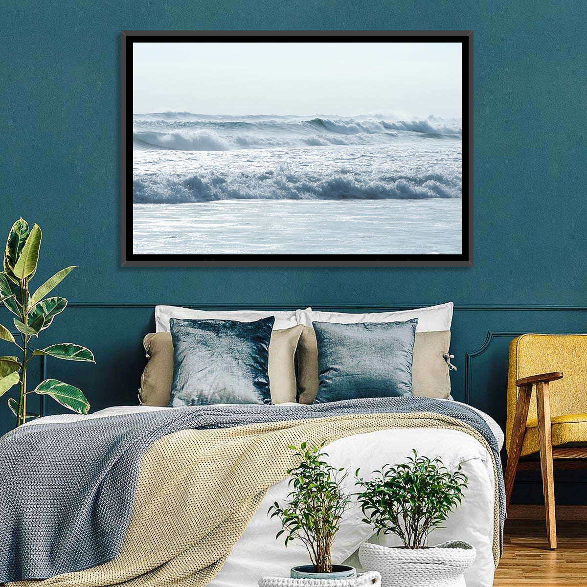 Misty Horizon Ocean Waves Wall Art in a room, landscape