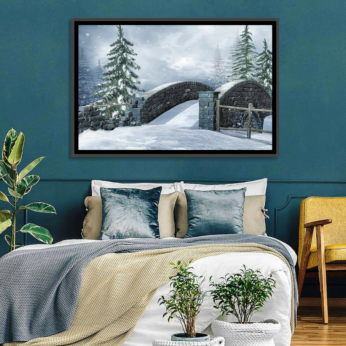 Snowy Stone Bridge in Winter Forest Wall Art in a room, landscape