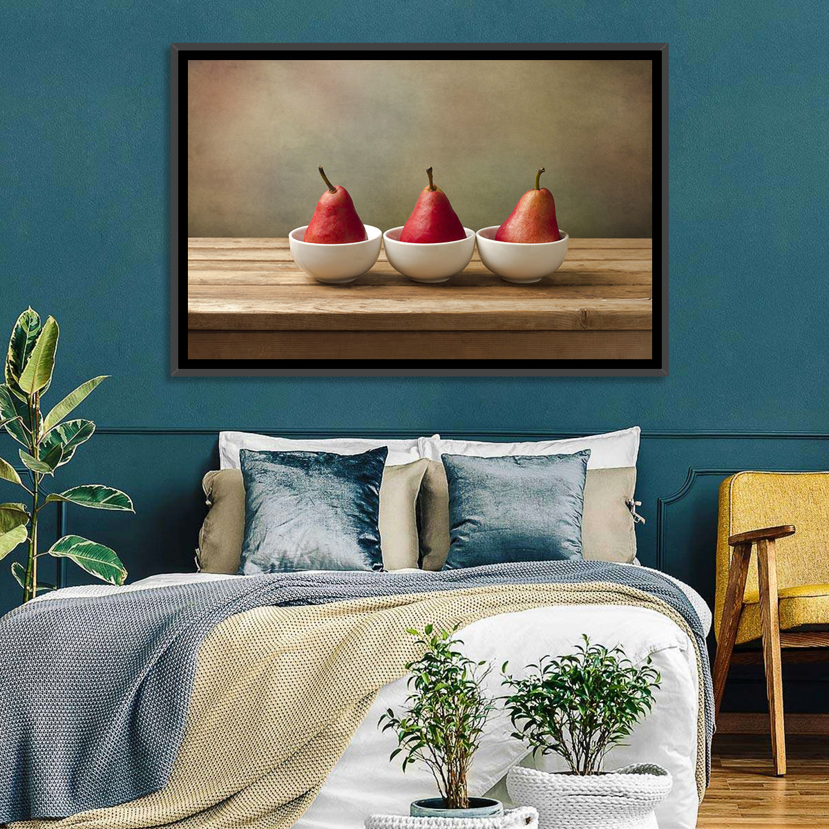 Three Red Pears in Bowls Wall Art in a room, landscape