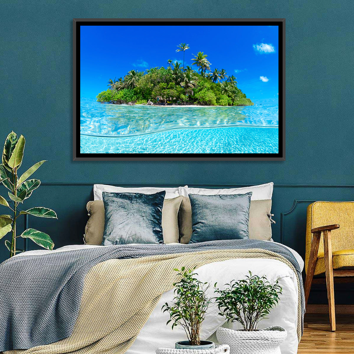 Tropical Island Lagoon Split-level Seascape Wall Art in a room, landscape