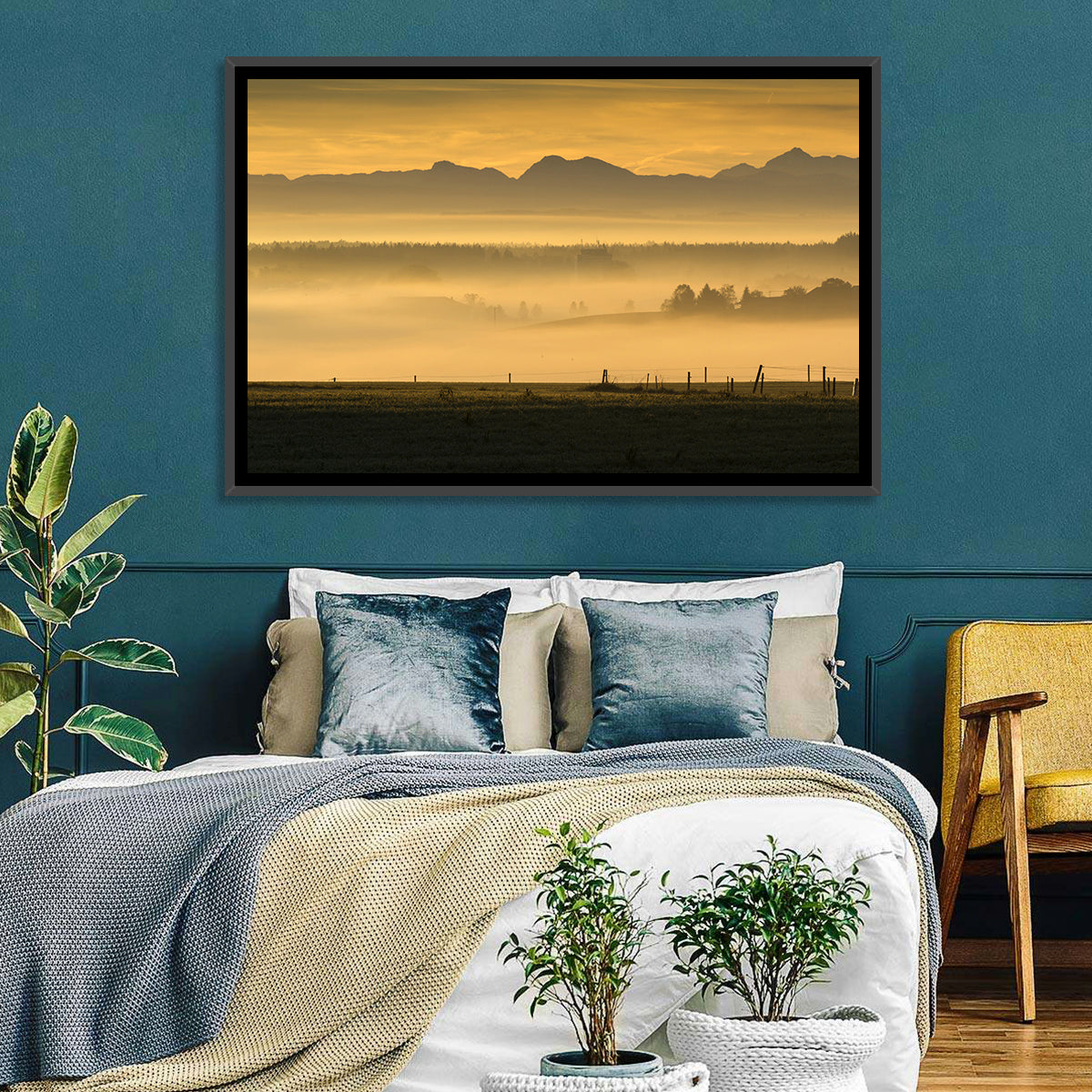 Bavarian Alps Morning Haze Wall Art in a room, landscape