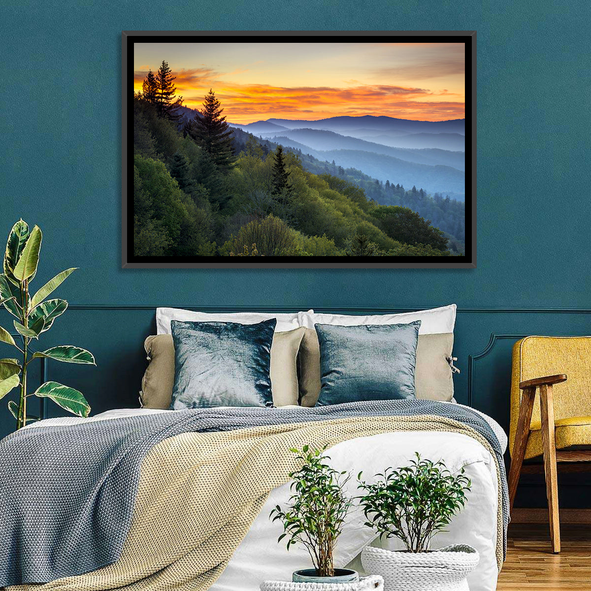 Great Smoky Mountains Sunset Wall Art in a room, landscape