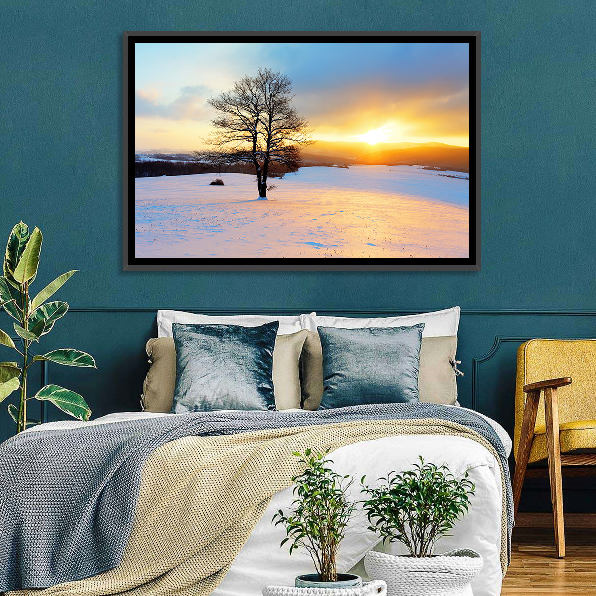 Snowy Winter Sunrise Wall Art in a room, landscape