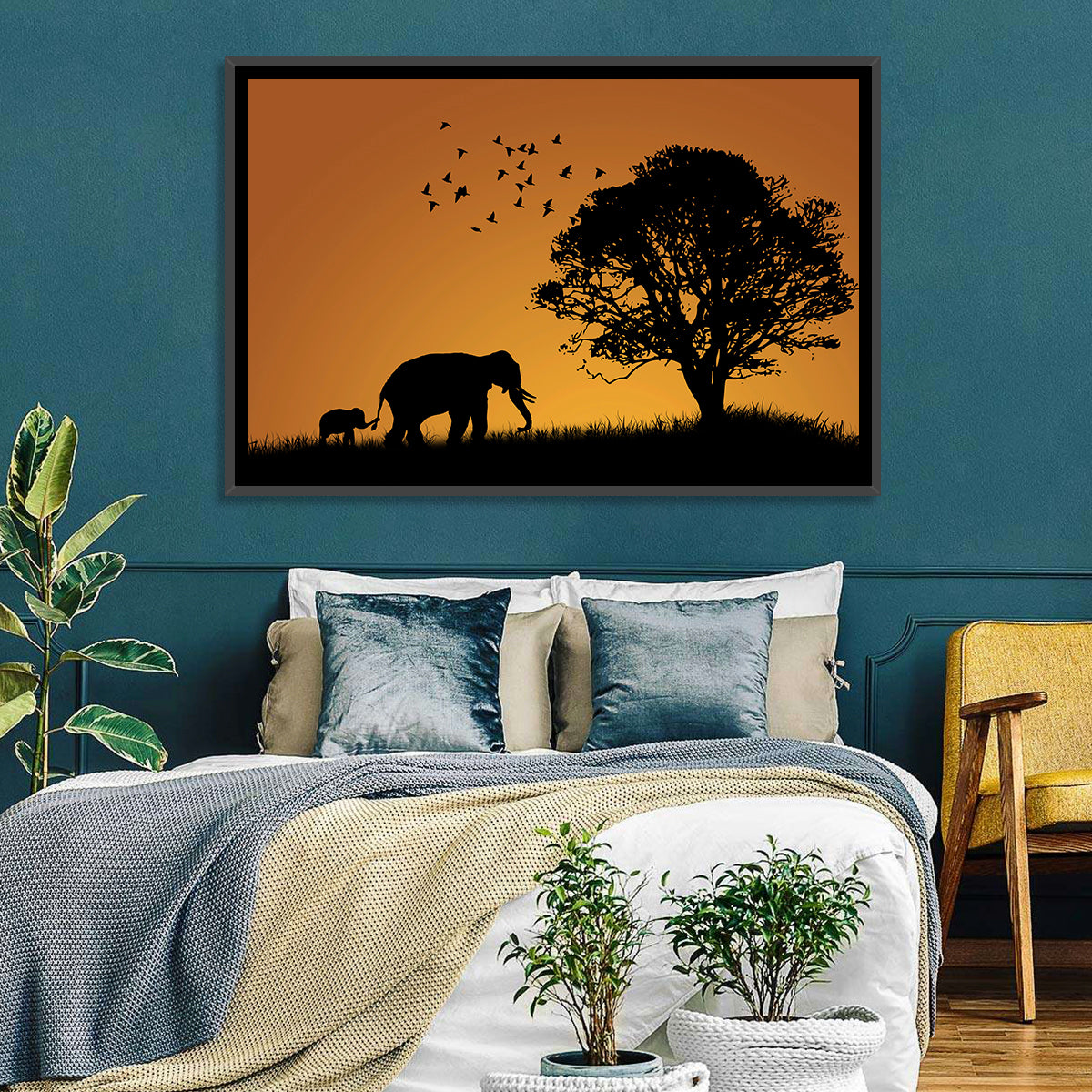 Elephant Family at Golden Sunset Wall Art in a room, landscape