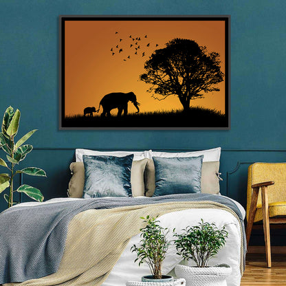 Elephant Family at Golden Sunset Wall Art