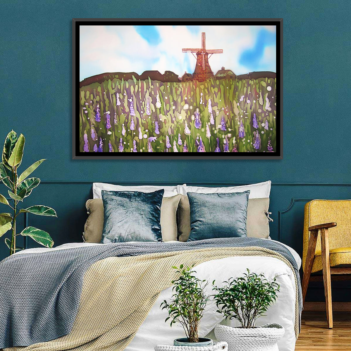 Ink Wash Windmill in Blooming Field Wall Art in a room, landscape