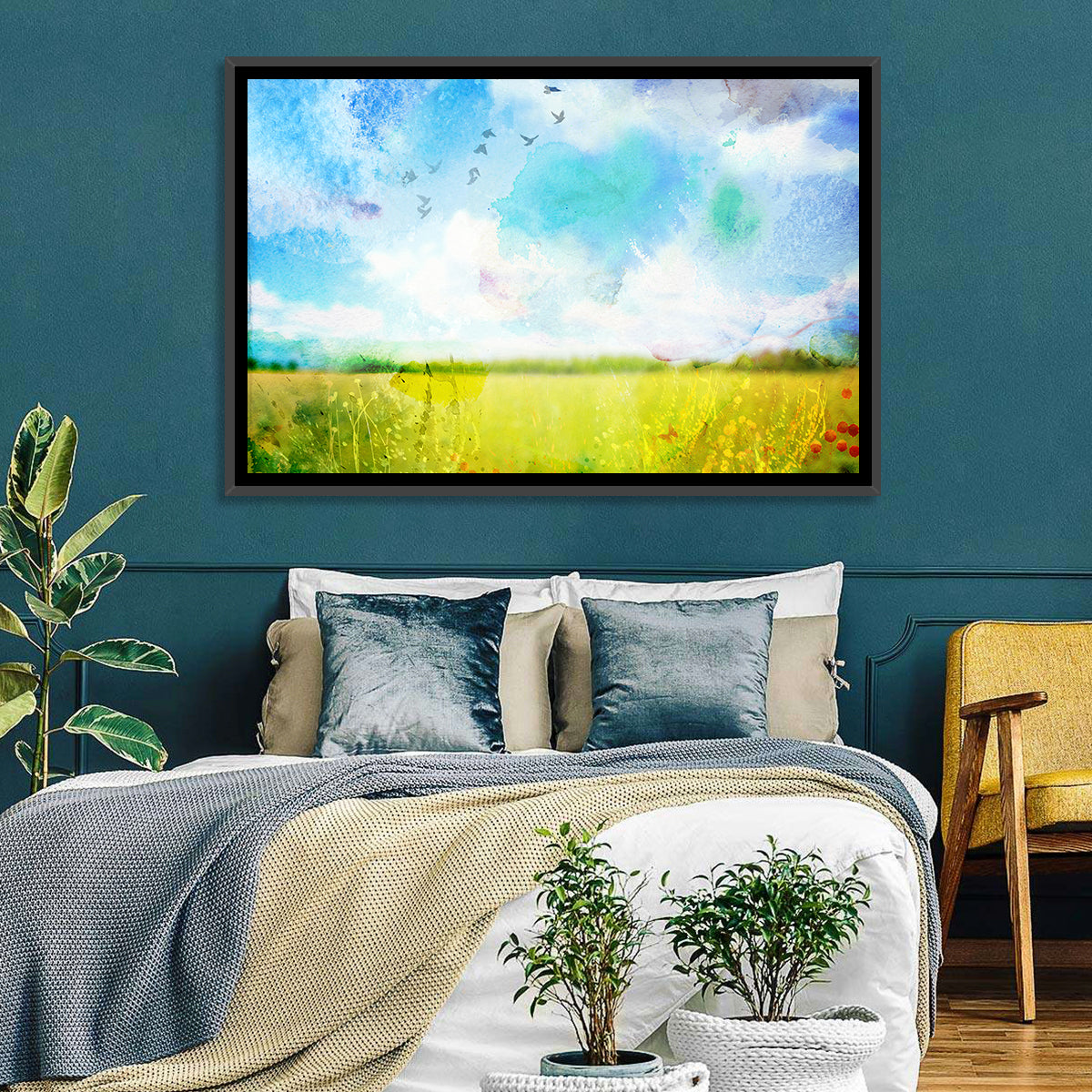 Watercolor Wildflower Field Wall Art in a room, landscape