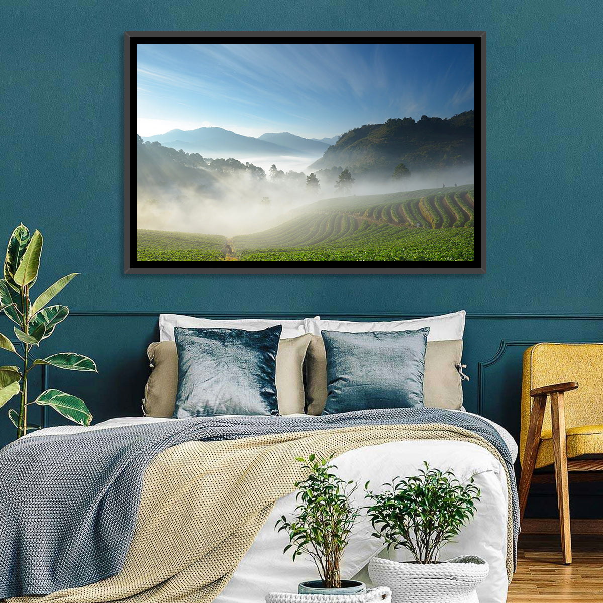 Sunlit Terraced Tea Hills Wall Art in a room, landscape
