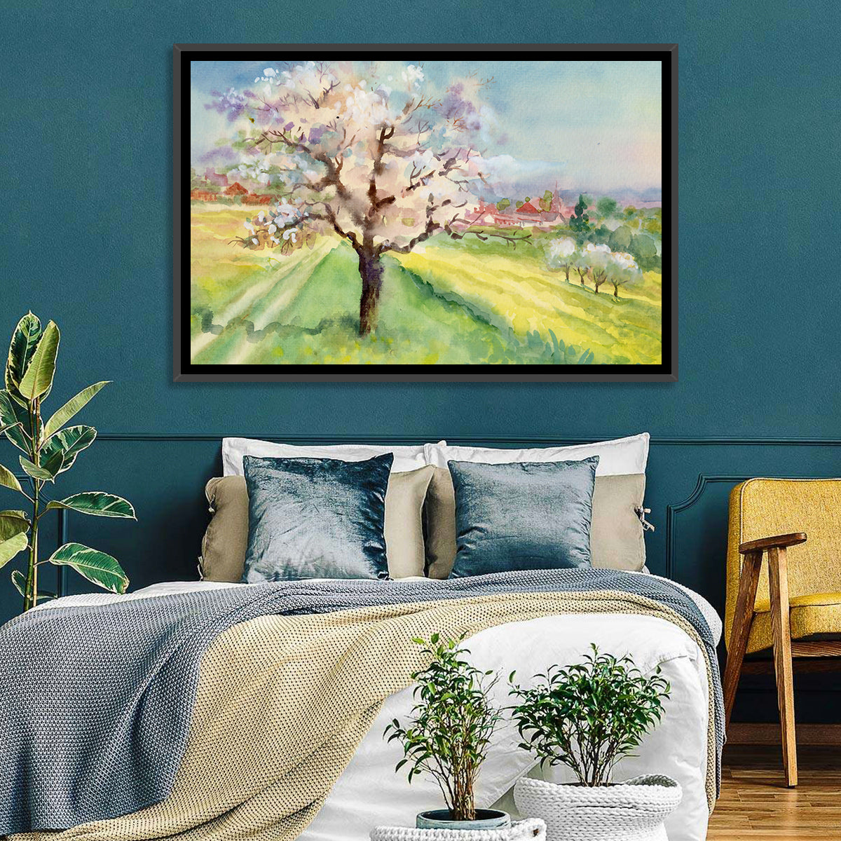 Spring Village Watercolor Wall Art in a room, landscape