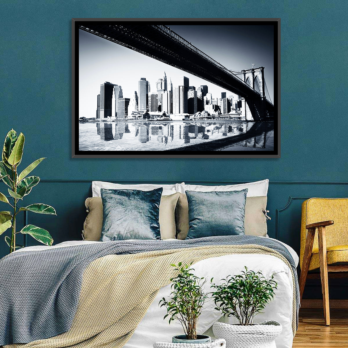 Brooklyn Bridge Low Angle Skyline Reflection Wall Art in a room, landscape