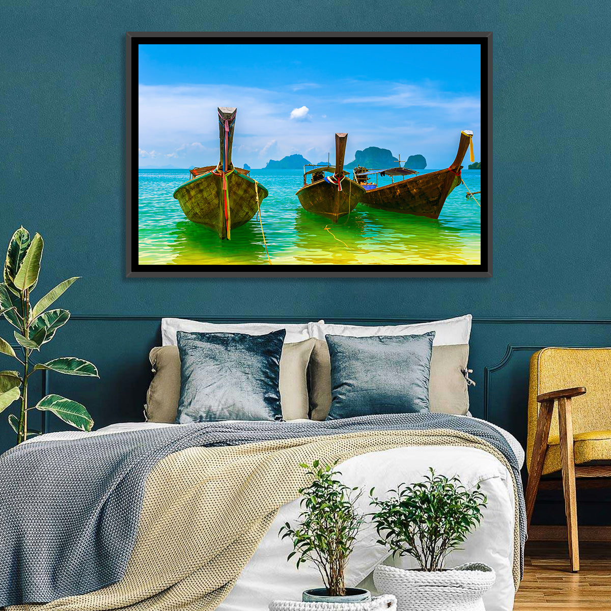Three Long-tail Boats on Turquoise Water Wall Art in a room, landscape