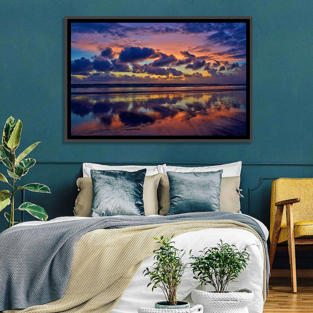 Dusk Beach Reflections Wall Art in a room, landscape