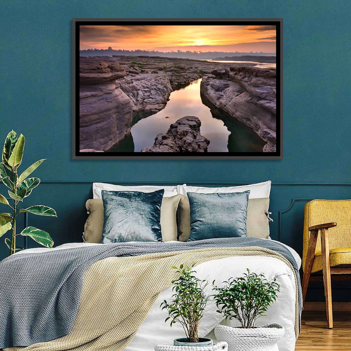 Sam Phan Bok Sunrise River Canyon Wall Art in a room, landscape