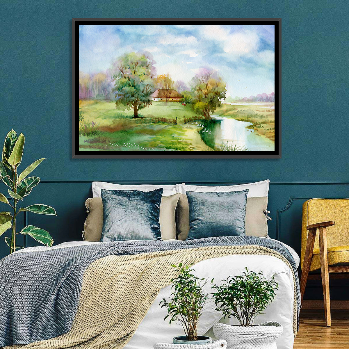 Spring Cottage by the Stream Wall Art in a room, landscape