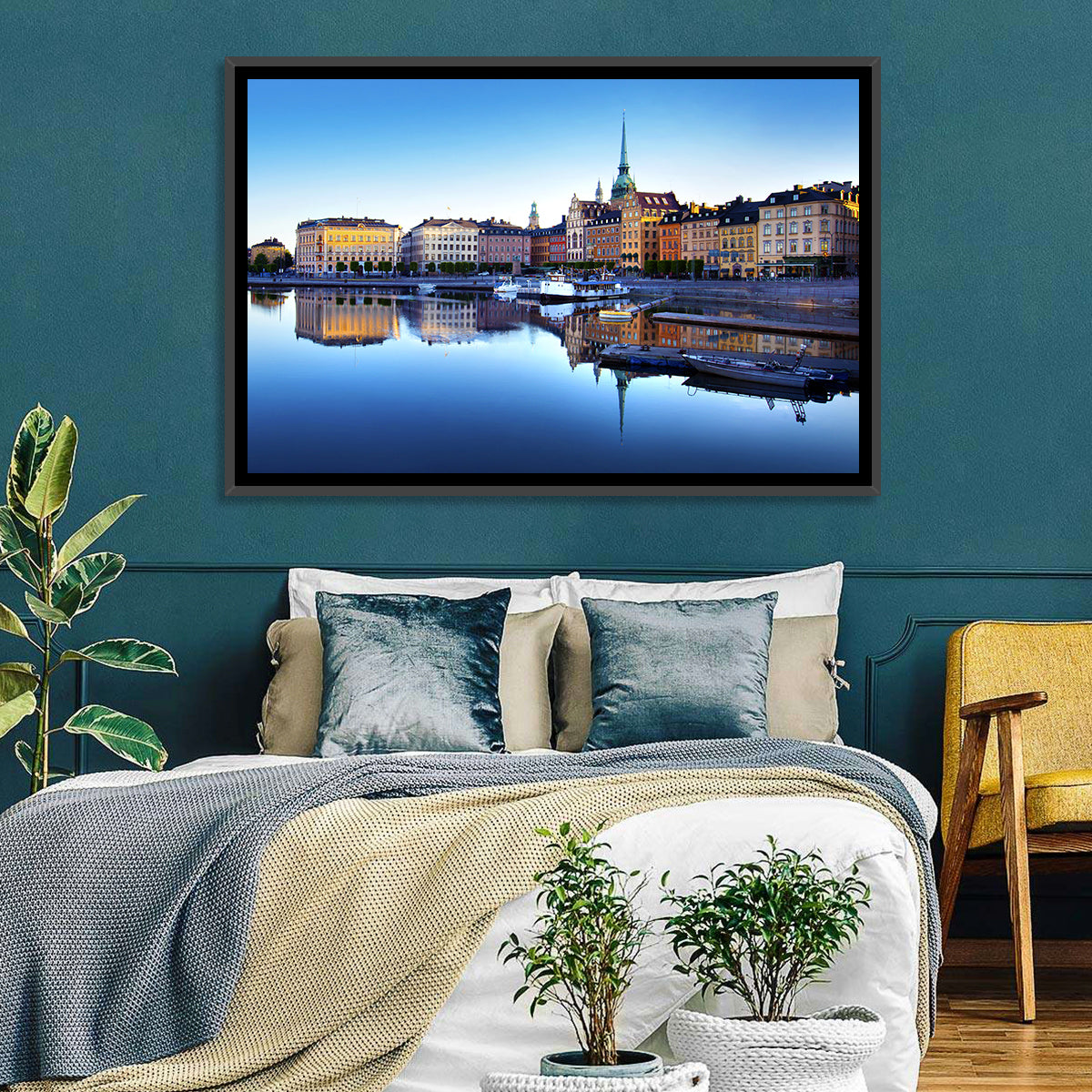 Gamla Stan Stockholm Skyline Wall Art in a room, landscape
