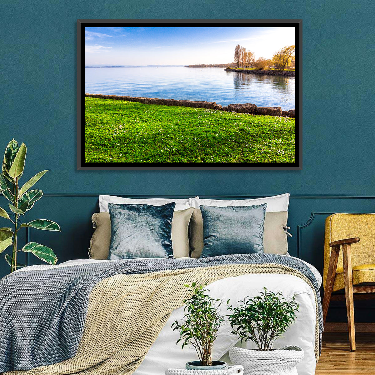 Lake Neuchatel Meadow Wall Art in a room, landscape