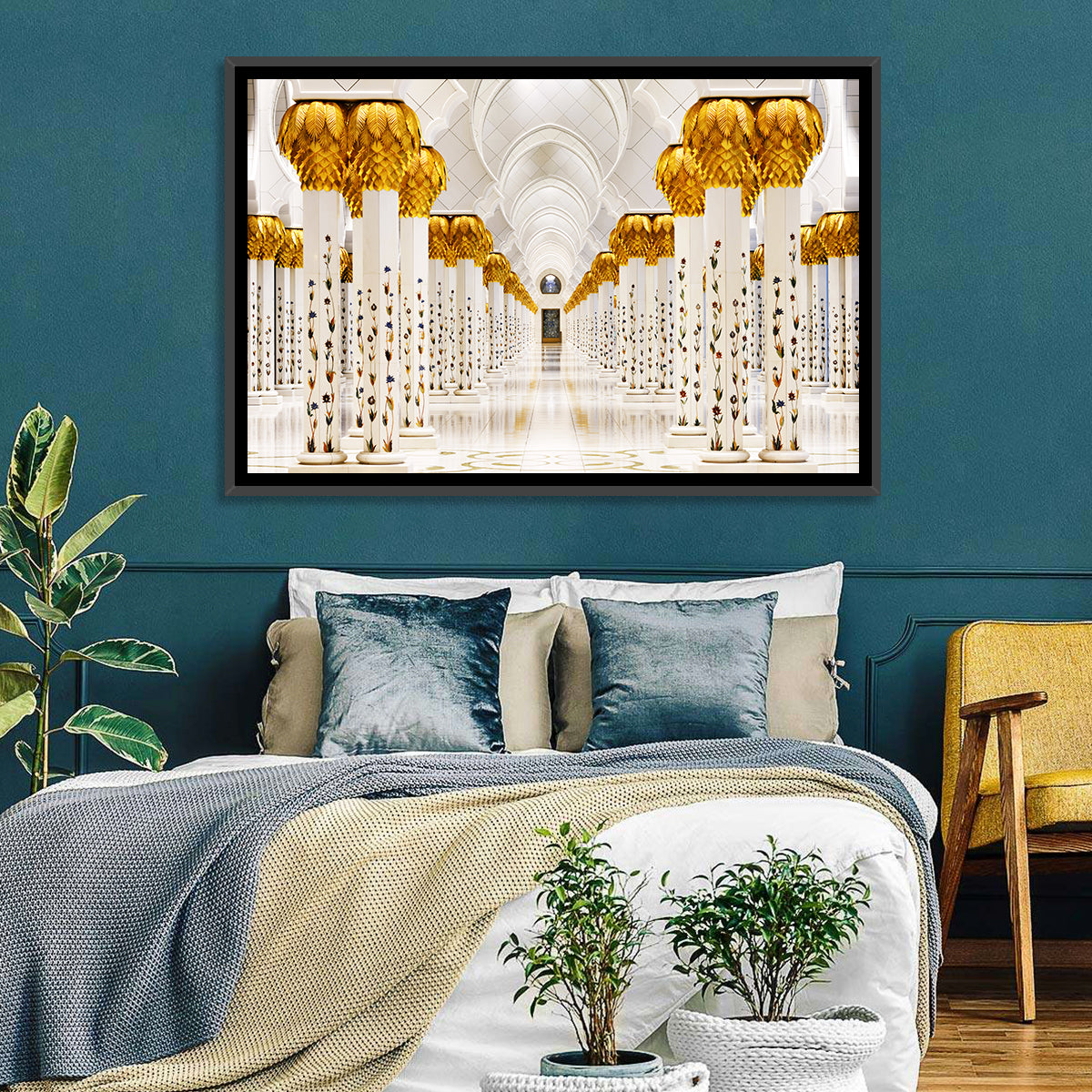 Sheikh Zayed Grand Mosque Colonnade Wall Art in a room, landscape