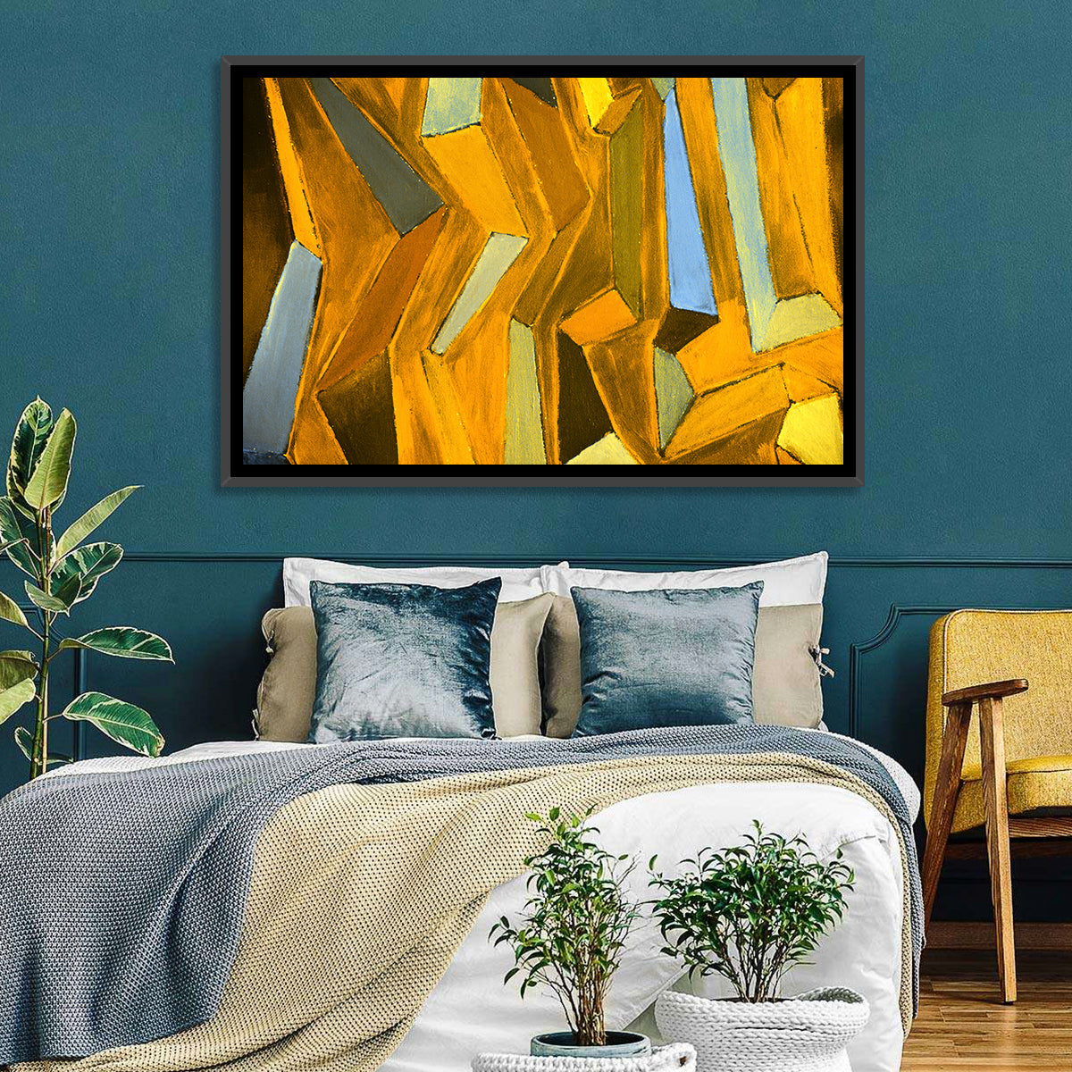 Golden Blocks Abstract Wall Art in a room, landscape