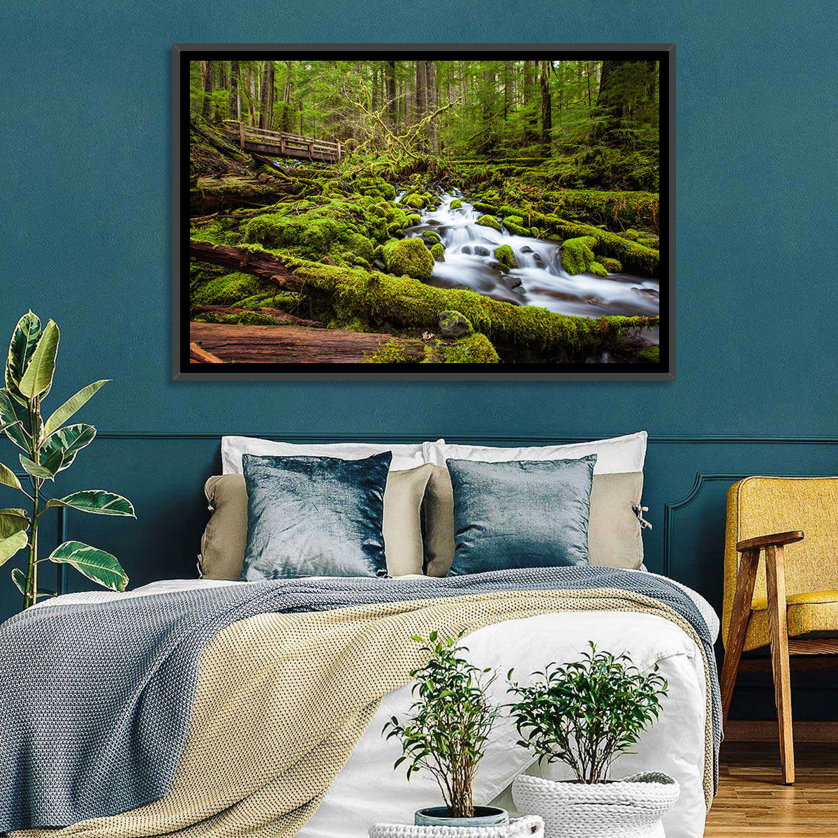 Mossy Cascade Forest Stream Wall Art in a room, landscape