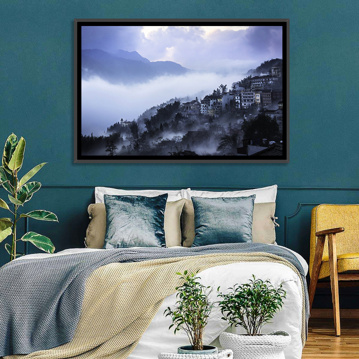 Misty Hillside Town Wall Art in a room, landscape