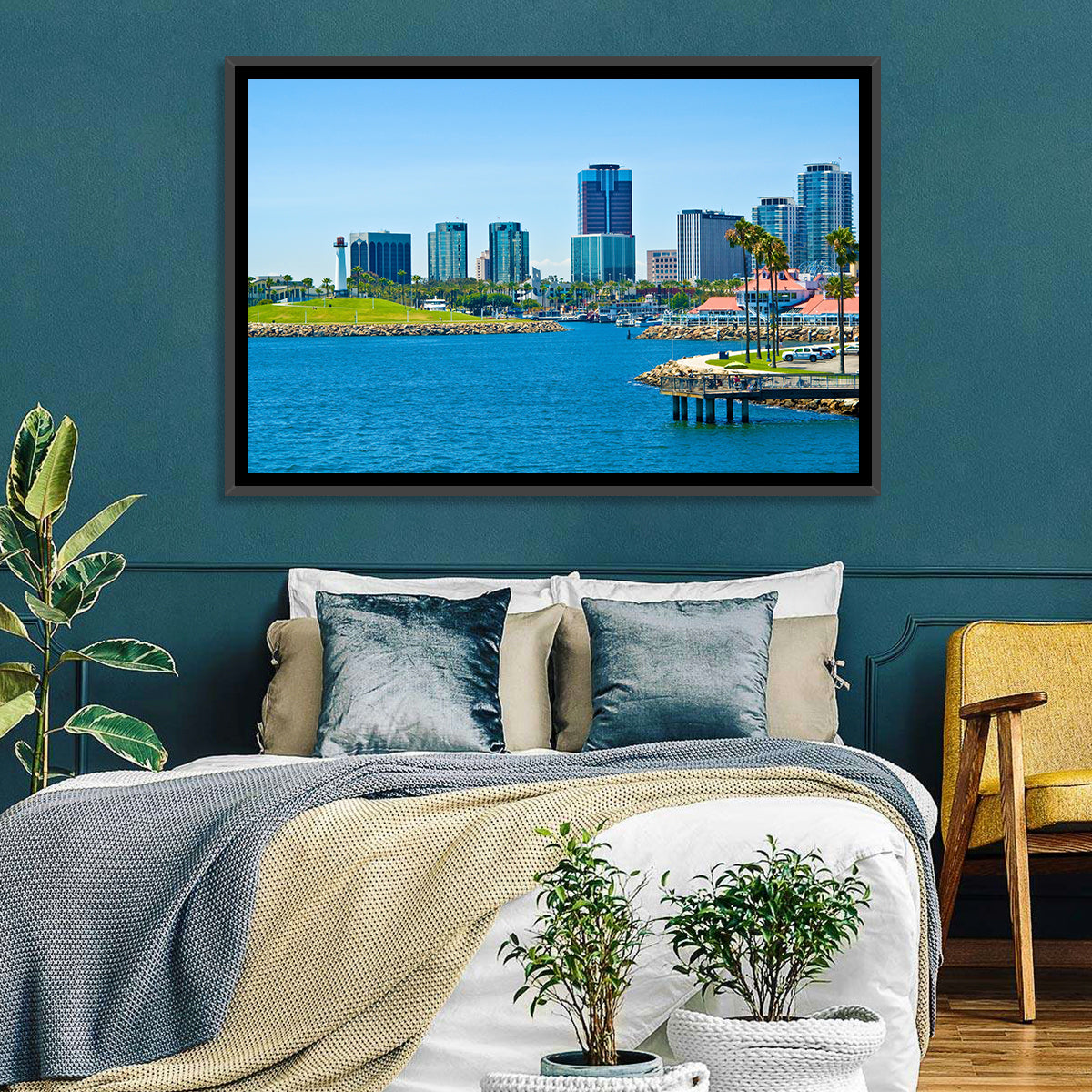 Long Beach Rainbow Harbor Skyline Wall Art in a room, landscape