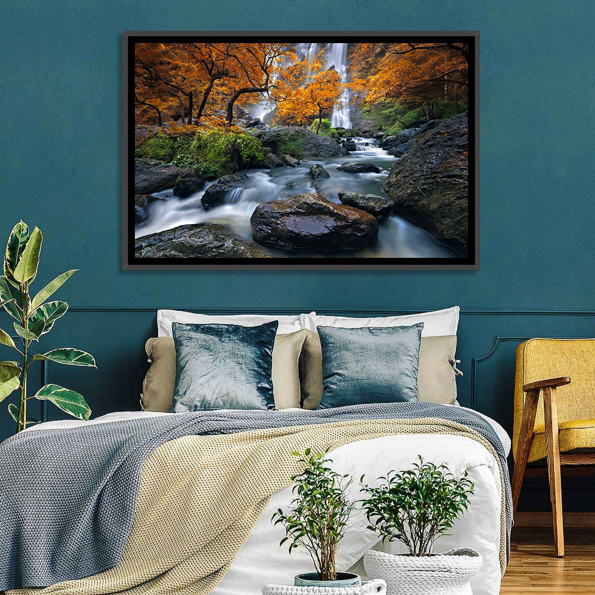 Konglan Autumn Waterfall Wall Art in a room, landscape