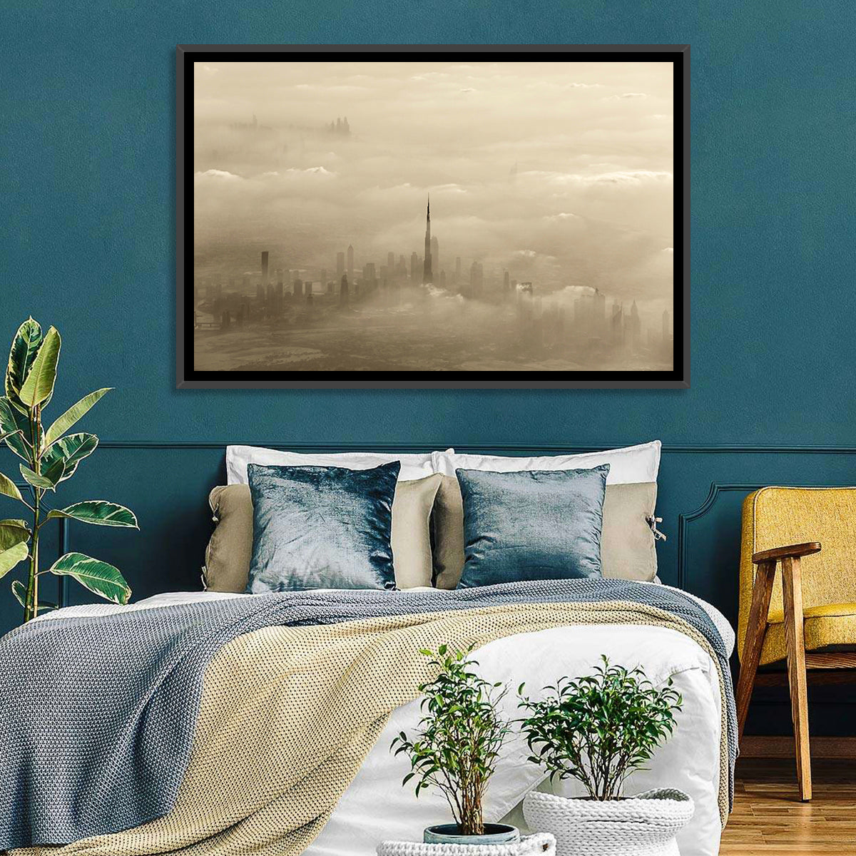 Dubai Haze Over Burj Khalifa Wall Art in a room, landscape