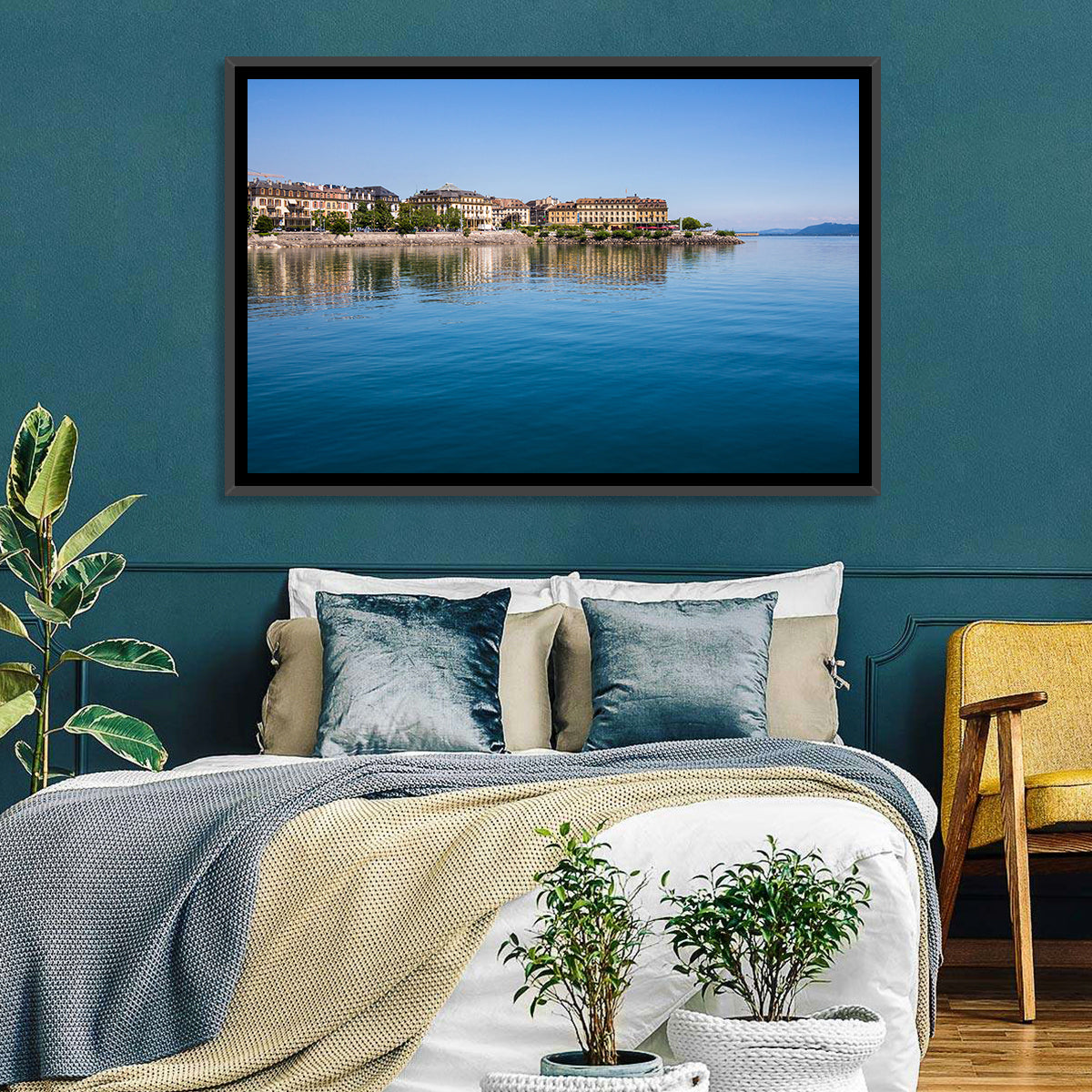 Tranquil Lake Neuchatel Wall Art in a room, landscape