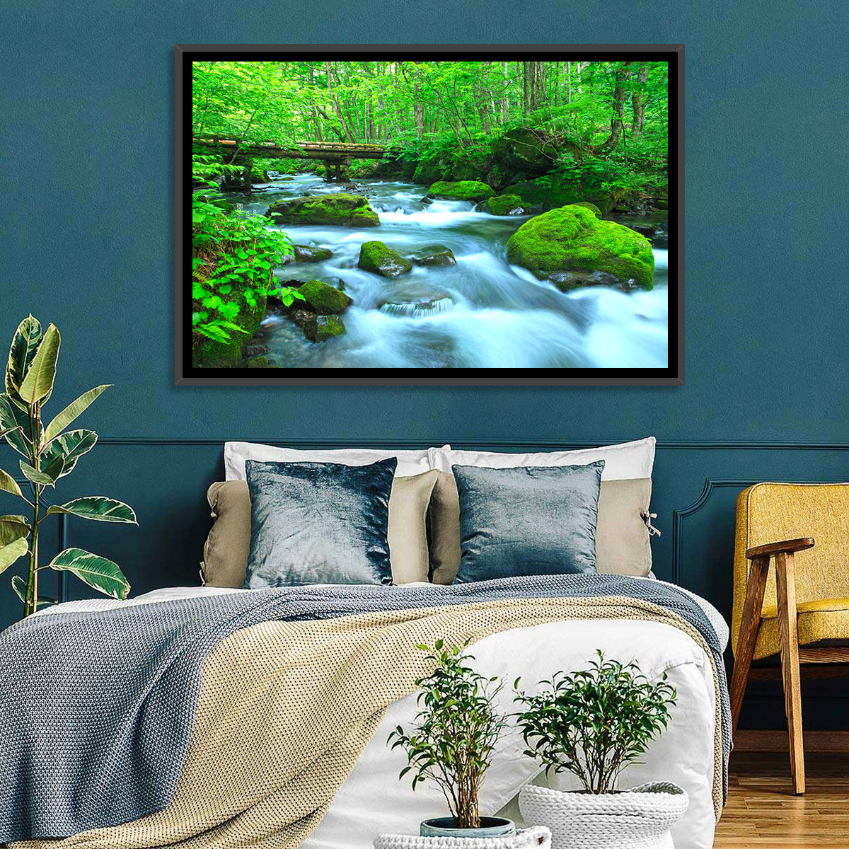 Mossy Forest Stream Wall Art in a room, landscape