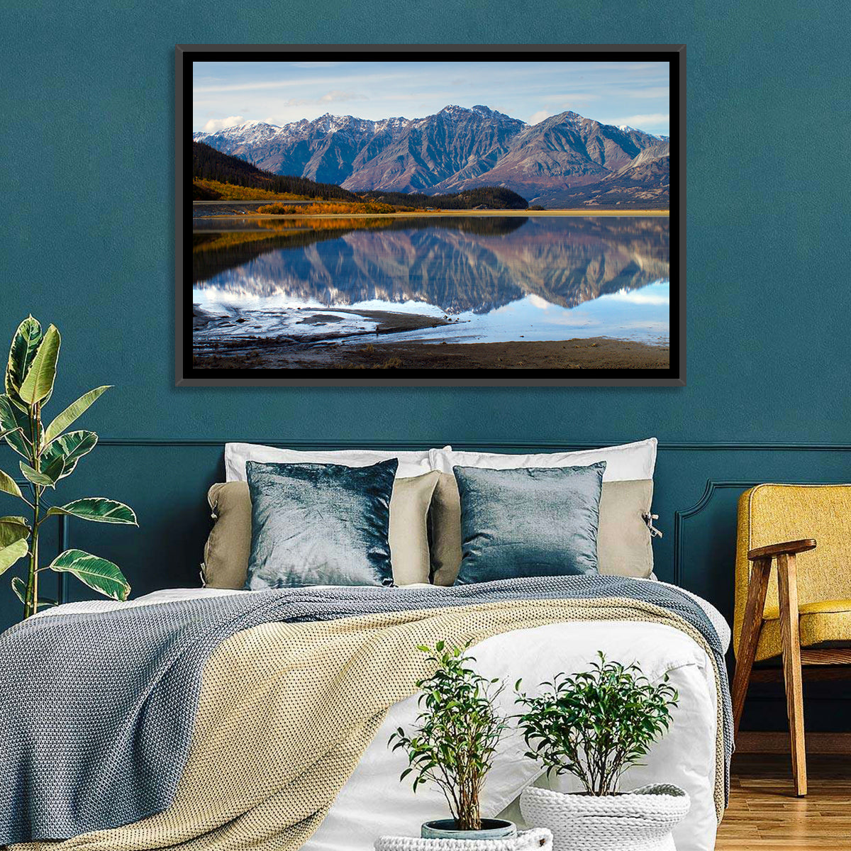 Kluane Lake Autumn Reflection Wall Art in a room, landscape