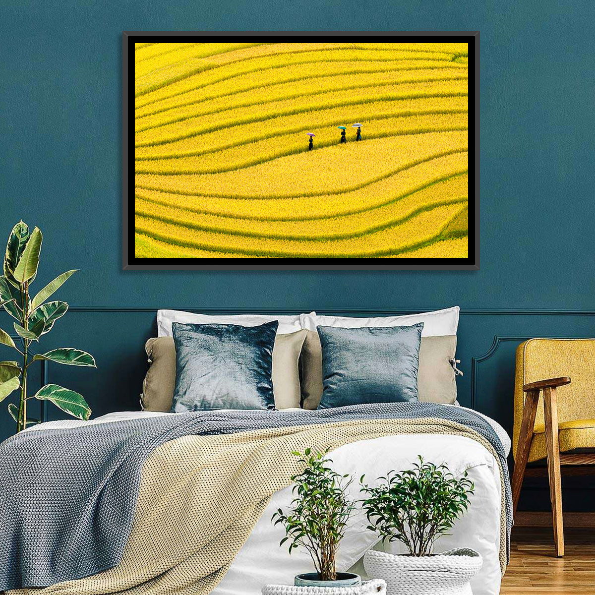 Golden Rice Terraces with Umbrellas Wall Art
